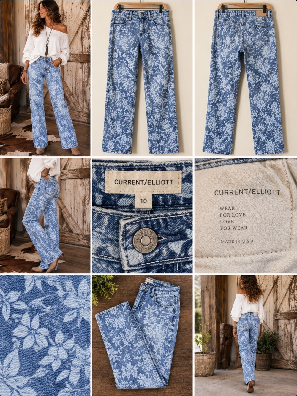 Current/Elliott Star Print Jeans Size 10 Blue White Floral Straight Leg